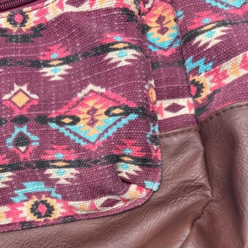 Southwestern Canvas Backpack Burgundy Brown Boho Multiple Pockets‎ Medium